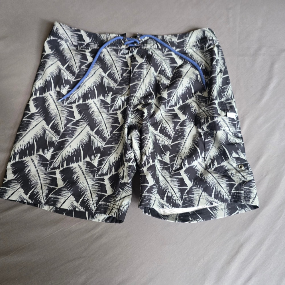 J.Crew Flex Board Shorts Mens 35 Black White Palm Leaf Print Swim Trunks